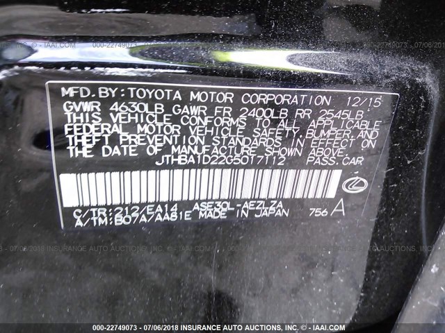 JTHBA1D22G5017112 - 2016 LEXUS IS 200T BLACK photo 9