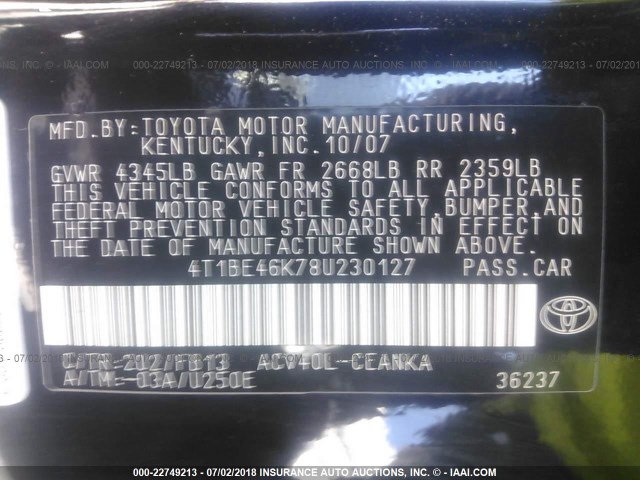 4T1BE46K78U230127 - 2008 TOYOTA CAMRY CE/LE/XLE/SE BLACK photo 9