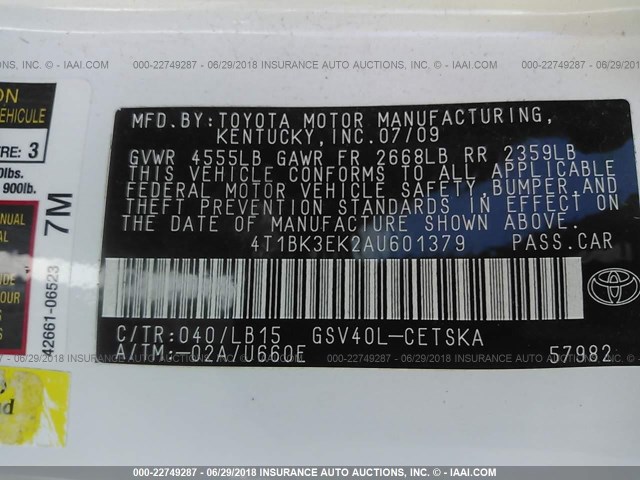 4T1BK3EK2AU601379 - 2010 TOYOTA CAMRY SE/LE/XLE 白色 照片 9