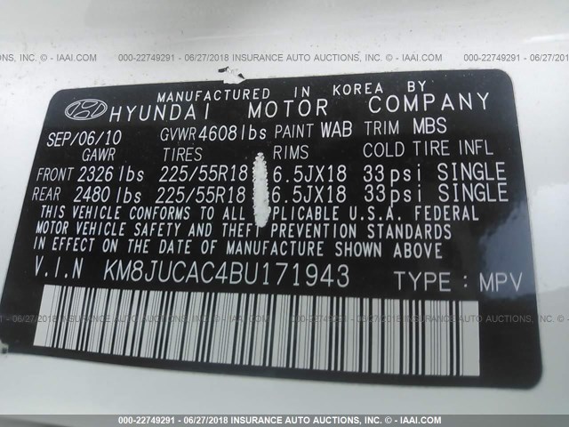 KM8JUCAC4BU171943 - 2011 HYUNDAI TUCSON GLS/LIMITED 白色 照片 9