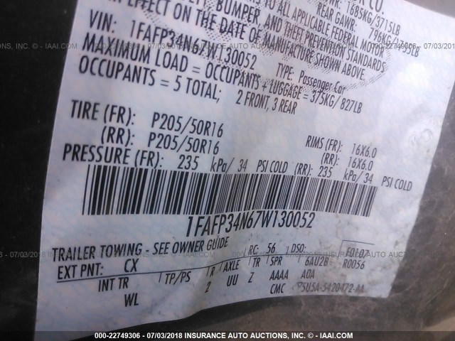 1FAFP34N67W130052 - 2007 FORD FOCUS ZX4/S/SE/SES ნაცრისფერი ფოტო 9