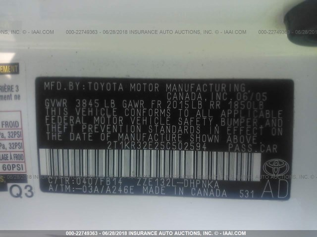 2T1KR32E25C502594 - 2005 TOYOTA COROLLA MATRIX XR WHITE photo 9