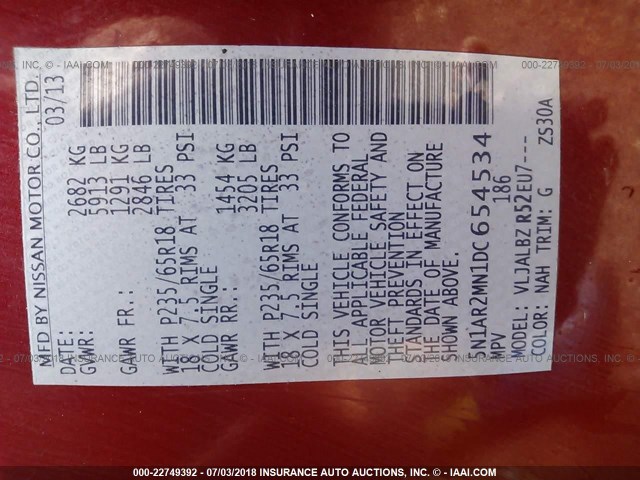 5N1AR2MN1DC654534 - 2013 NISSAN PATHFINDER S/SV/SL/PLATINUM 红色 照片 9