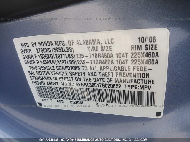 5FNRL38817B020652 - 2007 HONDA ODYSSEY TOURING BLUE photo 9