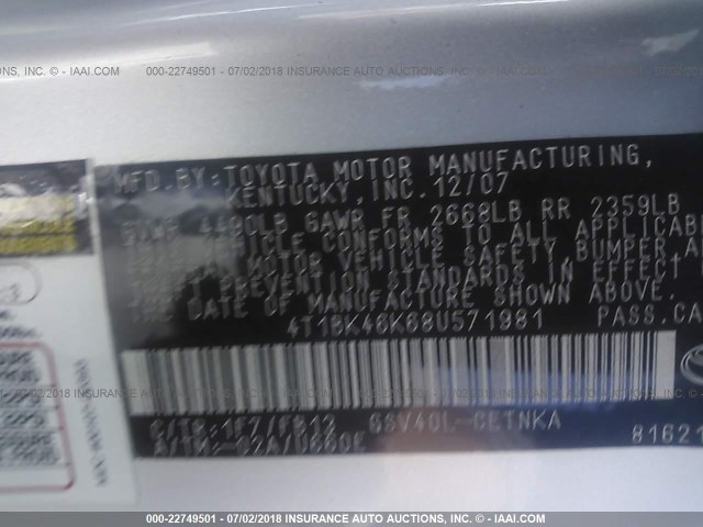 4T1BK46K68U571981 - 2008 TOYOTA CAMRY LE/XLE/SE SILVER photo 9