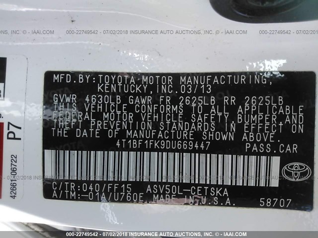 4T1BF1FK9DU669447 - 2013 TOYOTA CAMRY L/SE/LE/XLE 白色 照片 9
