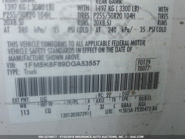 1FM5K8F89DGA53557 - 2013 FORD EXPLORER LIMITED 白色 照片 9