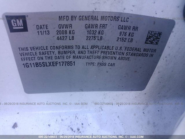 1G11B5SLXEF177851 - 2014 CHEVROLET MALIBU LS 白色 照片 9