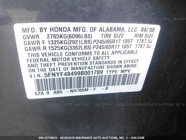 5FNYF48499B001789 - 2009 HONDA PILOT EX GRAY photo 9