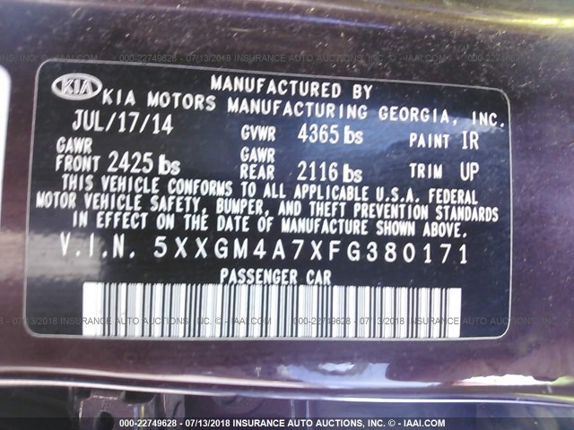 5XXGM4A7XFG380171 - 2015 KIA OPTIMA LX MAROON photo 9