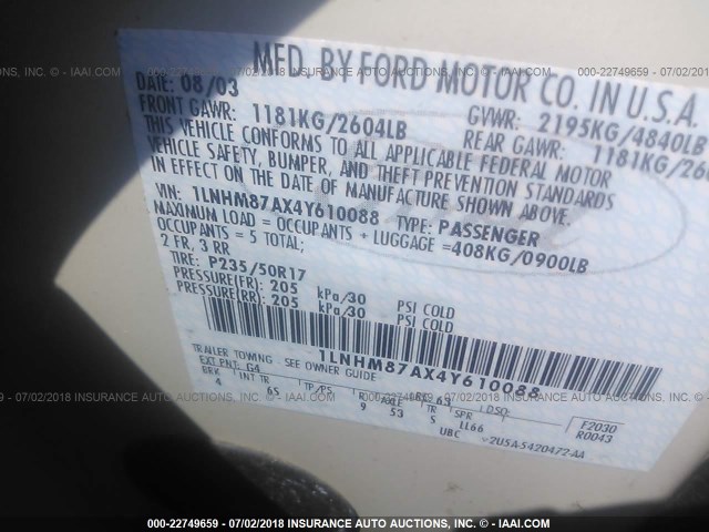 1LNHM87AX4Y610088 - 2004 LINCOLN LS 白色 照片 9