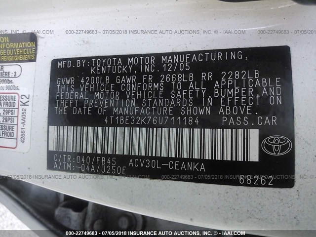 4T1BE32K76U711184 - 2006 TOYOTA CAMRY LE/XLE/SE 白色 照片 9