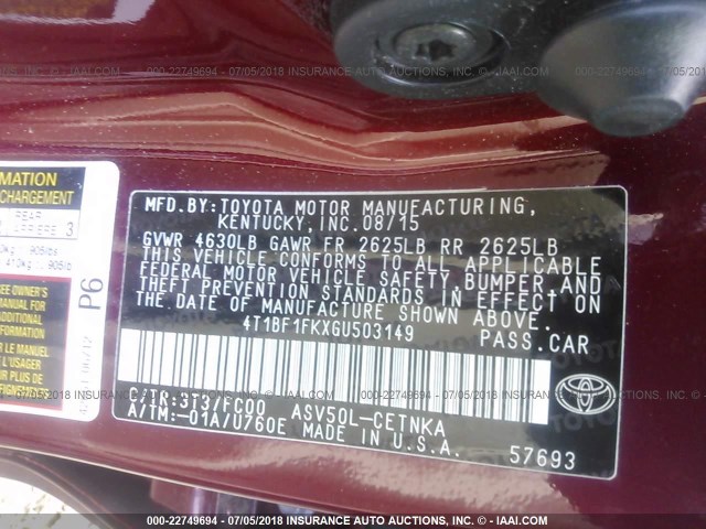 4T1BF1FKXGU503149 - 2016 TOYOTA CAMRY LE/XLE/SE/XSE BURGUNDY photo 9