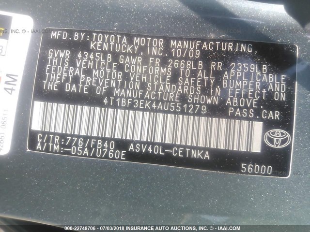 4T1BF3EK4AU551279 - 2010 TOYOTA CAMRY SE/LE/XLE TURQUOISE photo 9