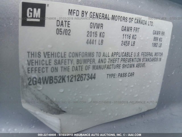2G4WB52K121267344 - 2002 BUICK REGAL LS SILVER photo 9