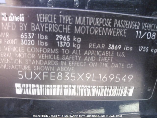 5UXFE835X9L169549 - 2009 BMW X5 XDRIVE48I BLACK photo 9