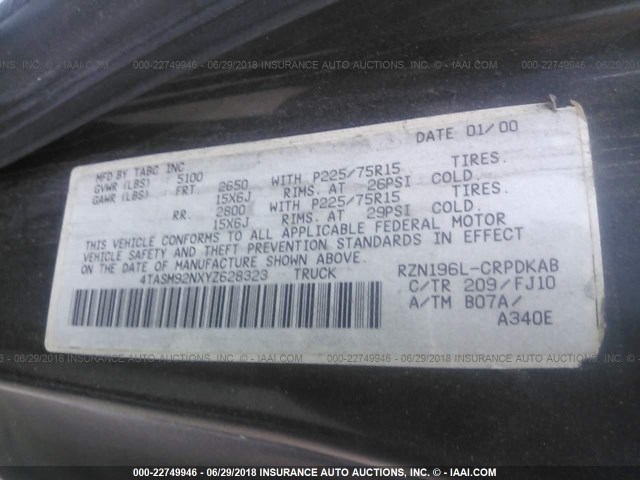 4TASM92NXYZ628323 - 2000 TOYOTA TACOMA XTRACAB PRERUNNER 黑色 照片 9