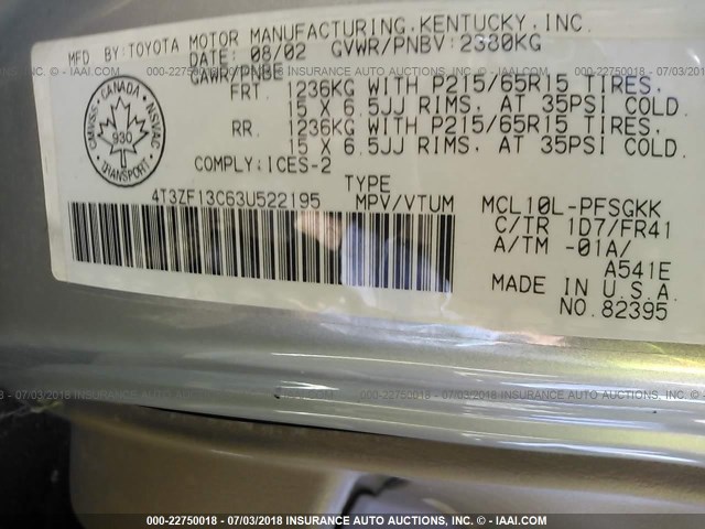 4T3ZF13C63U522195 - 2003 TOYOTA SIENNA LE/XLE SILVER photo 9