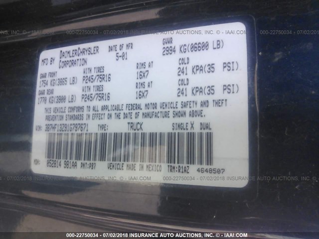 3B7HF13Z91G797671 - 2001 DODGE RAM 1500 BLUE photo 9