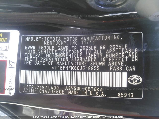 4T1BF1FK6CU518855 - 2012 TOYOTA CAMRY SE/LE/XLE BLACK photo 9