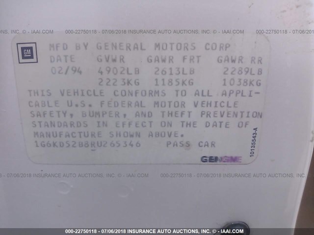 1G6KD52B8RU265346 - 1994 CADILLAC DEVILLE WHITE photo 9