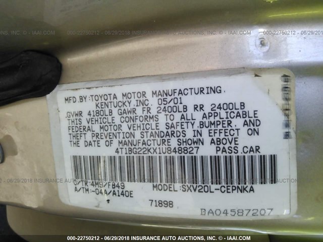 4T1BG22KX1U848827 - 2001 TOYOTA CAMRY CE/LE/XLE 棕色 照片 9