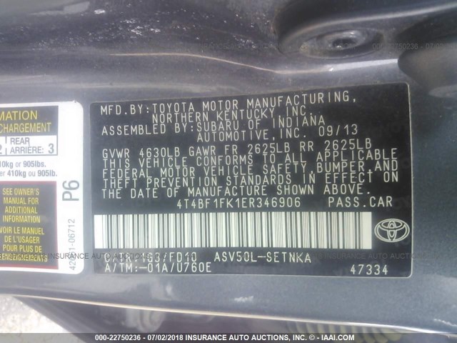 4T4BF1FK1ER346906 - 2014 TOYOTA CAMRY L/SE/LE/XLE 银色 照片 9