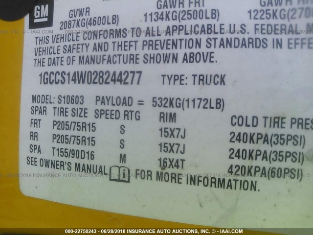 1GCCS14W028244277 - 2002 CHEVROLET S TRUCK S10 YELLOW photo 9