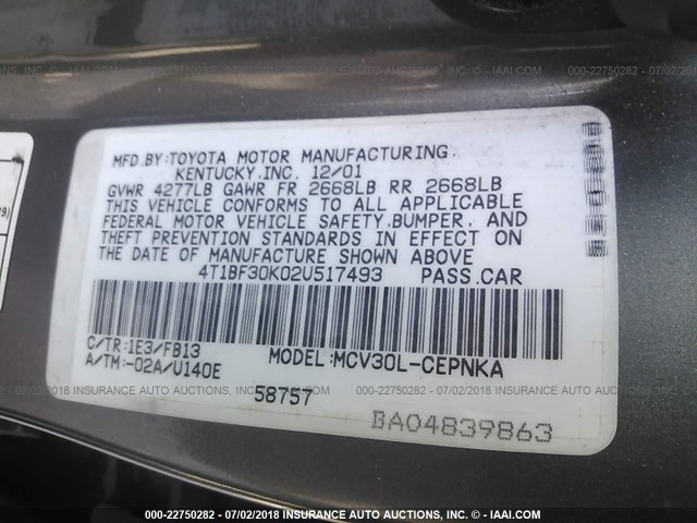 4T1BF30K02U517493 - 2002 TOYOTA CAMRY LE/XLE/SE Boz foto 9