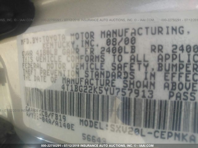 4T1BG22K5YU757913 - 2000 TOYOTA CAMRY CE/LE/XLE SILVER photo 9