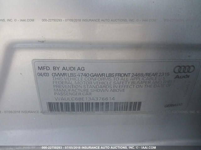 WAULC68E13A376614 - 2003 AUDI A4 1.8T QUATTRO SILVER photo 9