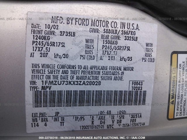 1FMZU73KX3ZA28028 - 2003 FORD EXPLORER XLT/XLT SPORT/NBX SILVER photo 9