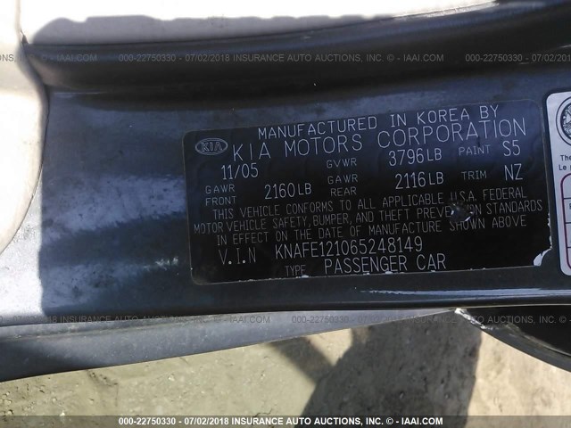 KNAFE121065248149 - 2006 KIA NEW SPECTRA LX/EX GRAY photo 9