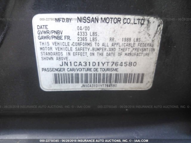 JN1CA31D1YT764580 - 2000 NISSAN MAXIMA GLE/GXE/SE BLACK photo 9