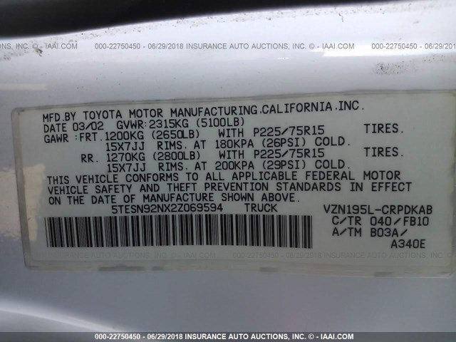 5TESN92NX2Z069594 - 2002 TOYOTA TACOMA XTRACAB PRERUNNER თეთრი ფოტო 9