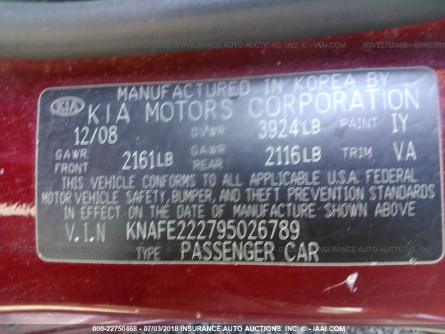 KNAFE222795026789 - 2009 KIA SPECTRA EX/LX/SX RED photo 9