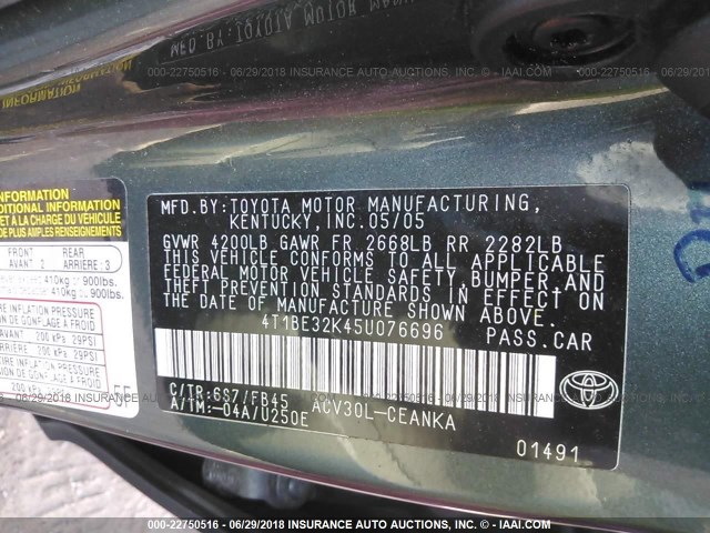 4T1BE32K45U076696 - 2005 TOYOTA CAMRY LE/XLE/SE 青色 照片 9