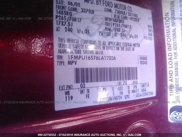 1FMPU16576LA17036 - 2006 FORD EXPEDITION XLT RED photo 9