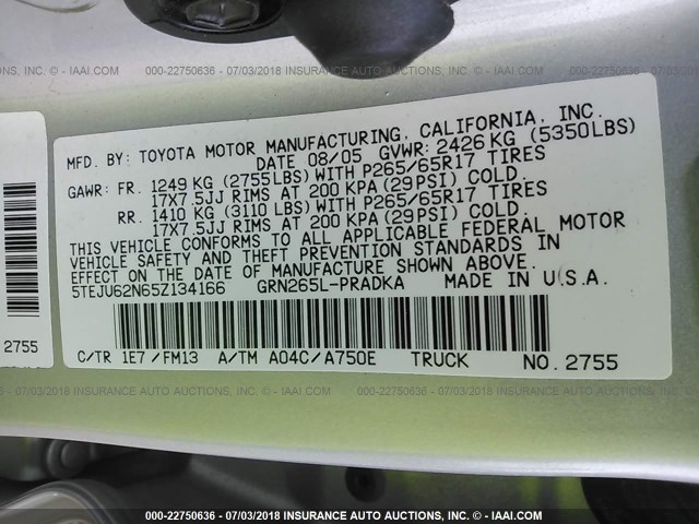 5TEJU62N65Z134166 - 2005 TOYOTA TACOMA DOUBLE CAB PRERUNNER SILVER photo 9