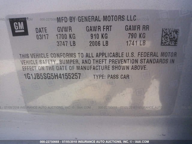 1G1JB5SG5H4155257 - 2017 CHEVROLET SONIC LS 银色 照片 9