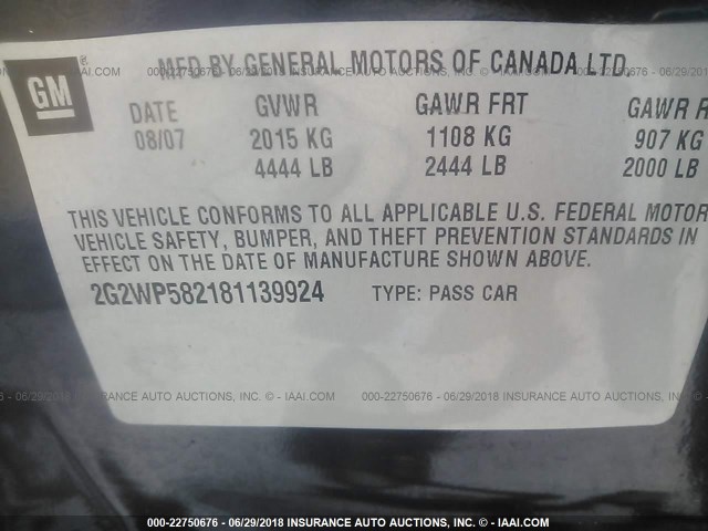 2G2WP582181139924 - 2008 PONTIAC GRAND PRIX BLUE photo 9