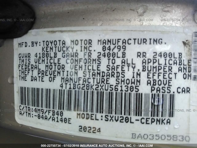 4T1BG28K2XU561305 - 1999 TOYOTA CAMRY CE/LE/XLE 棕色 照片 9