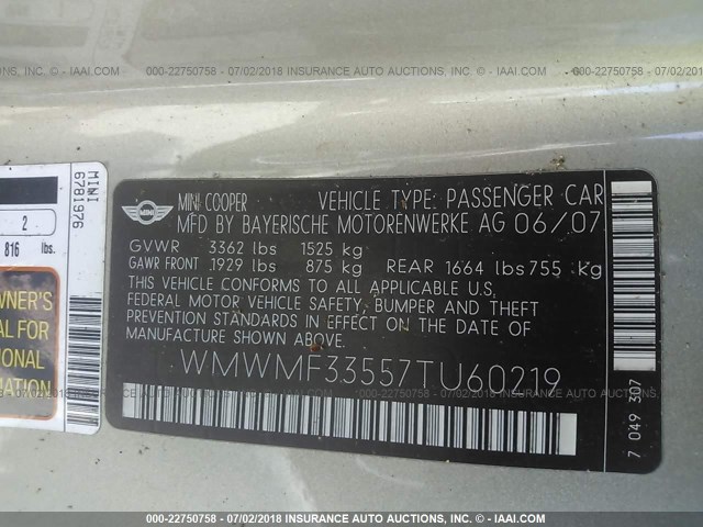 WMWMF33557TU60219 - 2007 MINI COOPER GRAY photo 9