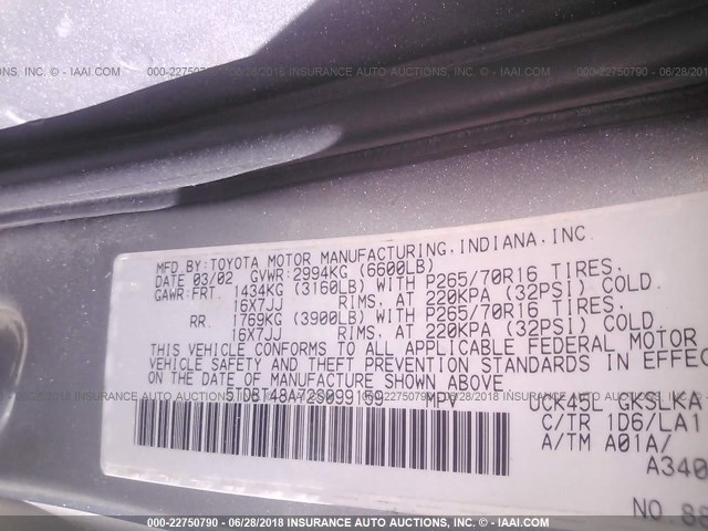 5TDBT48A72S099159 - 2002 TOYOTA SEQUOIA LIMITED SILVER photo 9