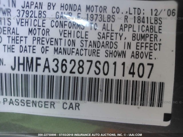 JHMFA36287S011407 - 2007 HONDA CIVIC HYBRID GRAY photo 9