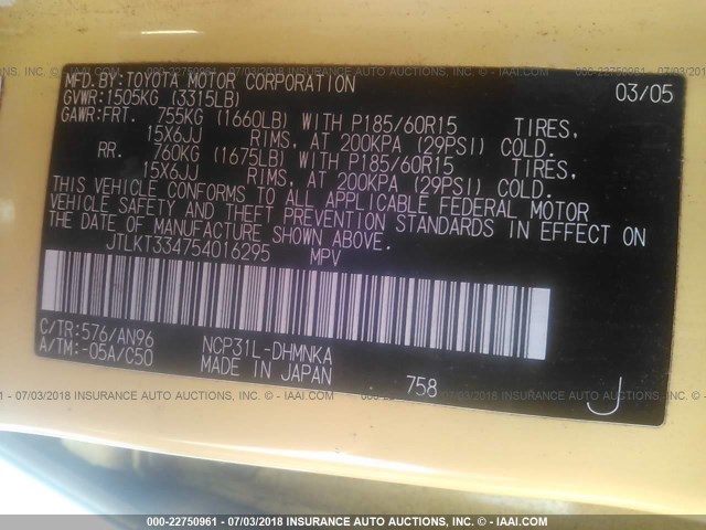 JTLKT334754016295 - 2005 TOYOTA SCION XB Sarı foto 9