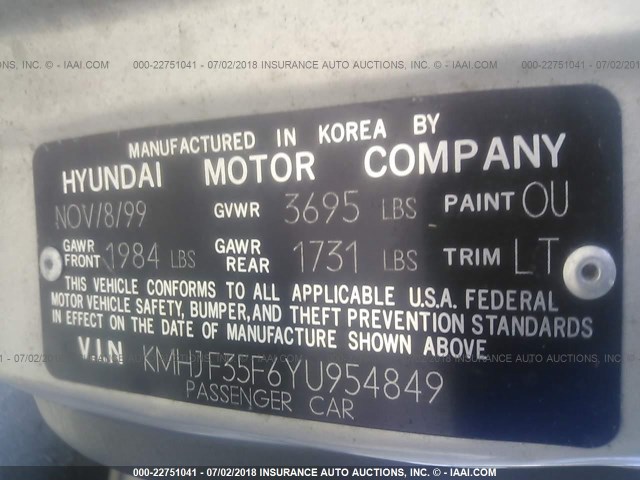 KMHJF35F6YU954849 - 2000 HYUNDAI ELANTRA GLS SILVER photo 9