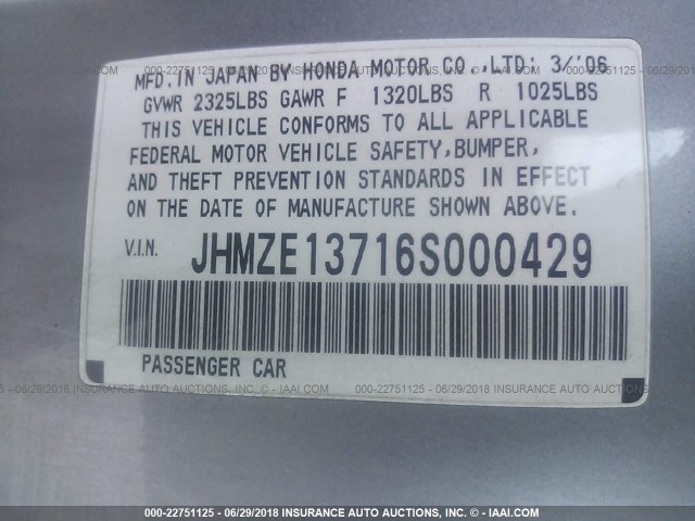 JHMZE13716S000429 - 2006 HONDA INSIGHT SILVER photo 9