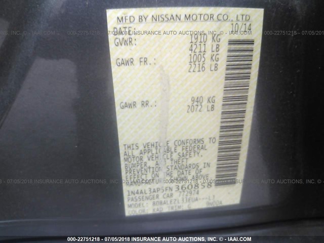 1N4AL3AP5FN360858 - 2015 NISSAN ALTIMA 2.5/S/SV/SL GRAY photo 9