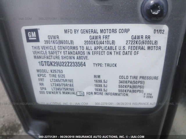 1GTGK29U22Z233564 - 2002 GMC NEW SIERRA K2500 GRAY photo 9